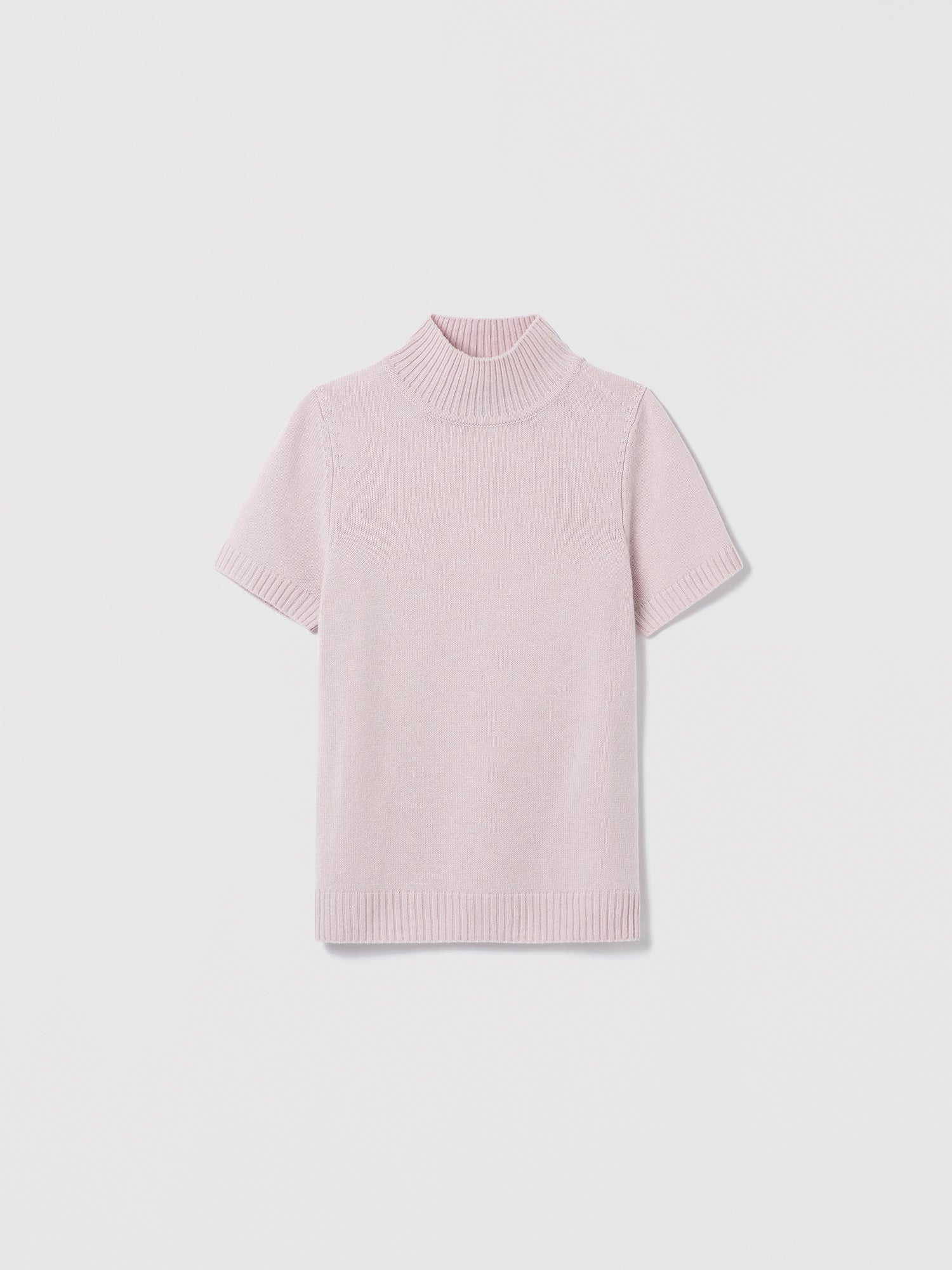 Light pink Jenn short sleeve mock neck sweater by Judith & Charles, made from 70% wool and 30% cashmere, style number 280-4159