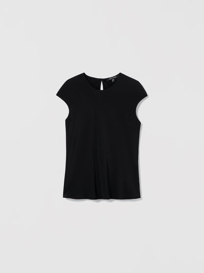 Judith & Charles black silk crew neck top — double-layer front, bias cut, back keyhole with button.