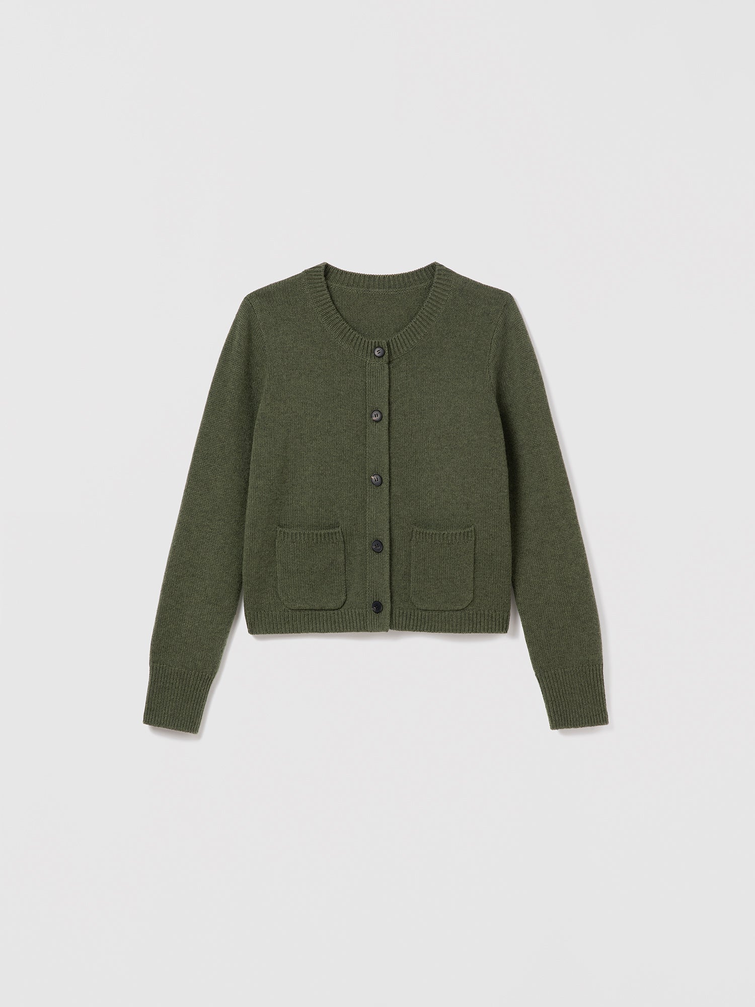 Avocado wool-cashmere blend cardigan with crew neck, button front, and two patch pockets by Judith & Charles.