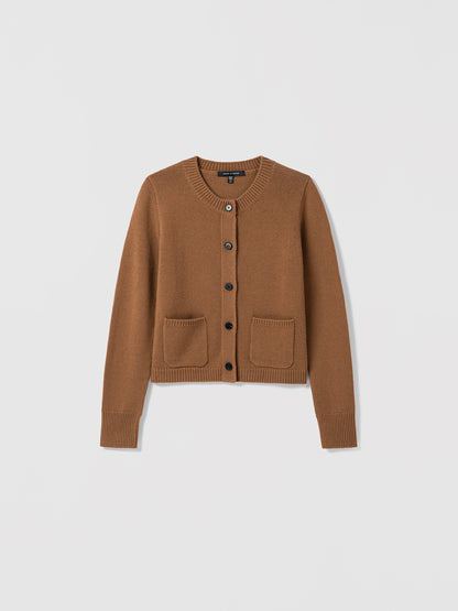 Vicuna wool-cashmere blend cardigan with crew neck, button front, and two patch pockets by Judith & Charles.