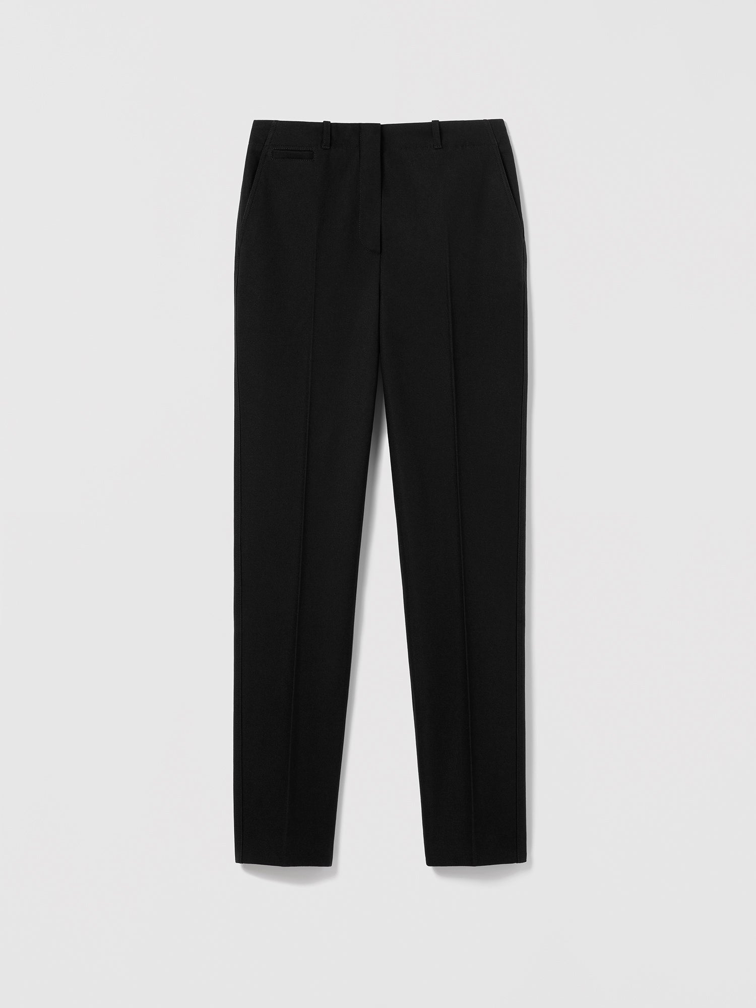 Judith & Charles black slim ankle pant, mid-rise, fully lined in a viscose–cotton blend.