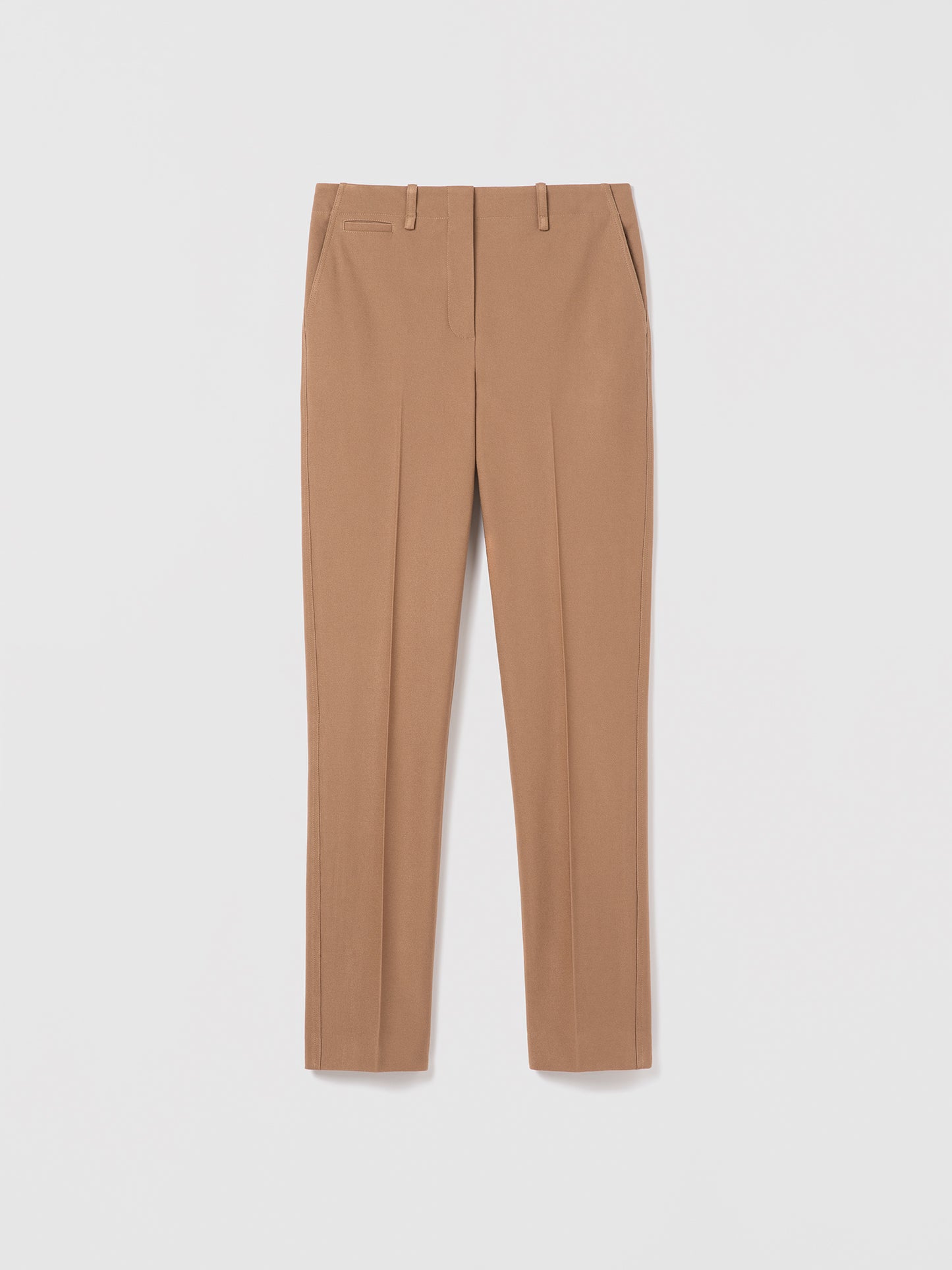 Judith and Charles Neil pant in camel slim ankle style, mid-rise, viscose–cotton blend, fully lined, style 492-3924.