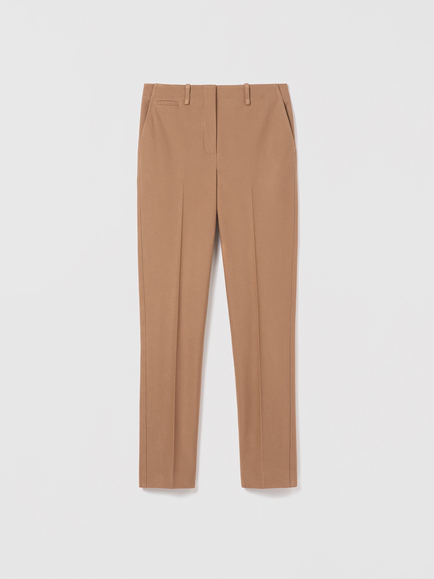 Judith and Charles Neil pant in camel slim ankle style, mid-rise, viscose–cotton blend, fully lined, style 492-3924.
