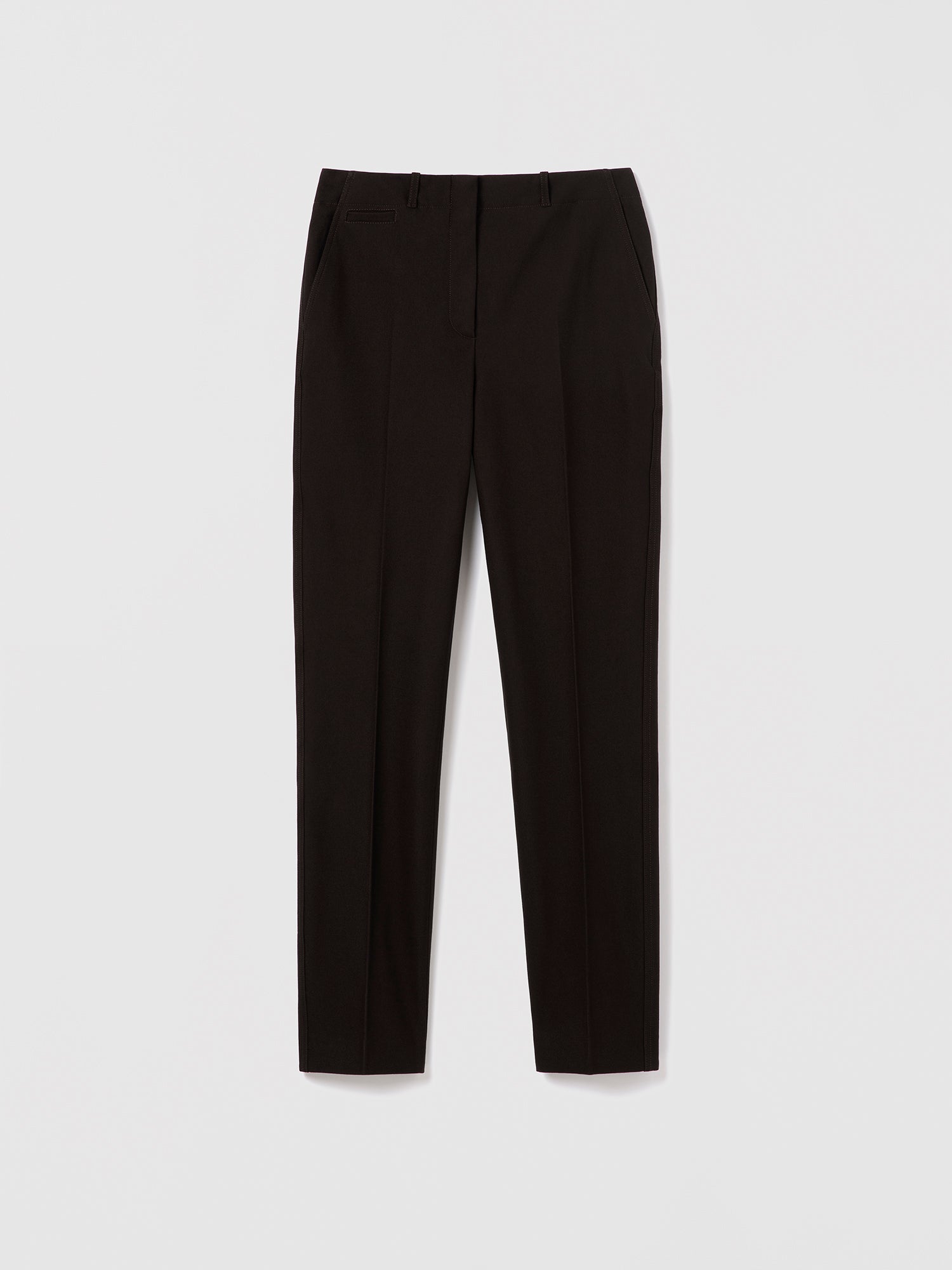 Judith & Charles chocolate slim ankle pant, mid-rise, fully lined in a viscose–cotton blend.