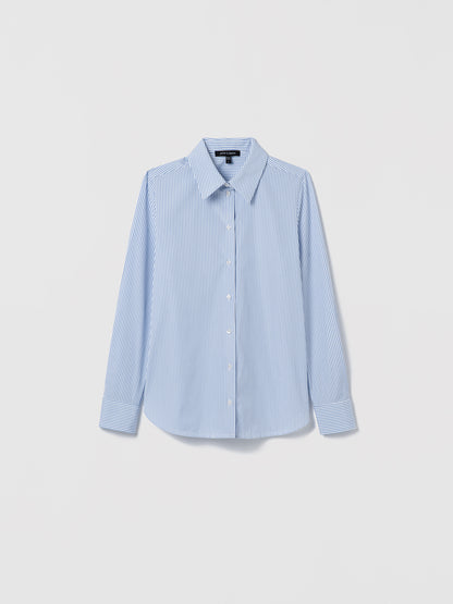 Flat-lay of a blue striped cotton poplin shirt with long sleeves, spread collar, and button closure