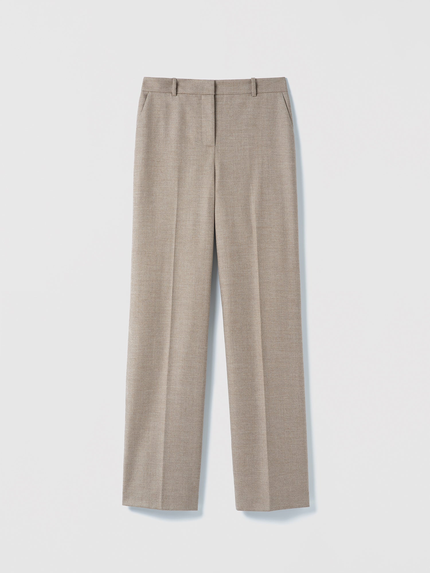 Judith & Charles Parme straight-leg pant in camel wool-cashmere blend, unlined with 34” inseam.