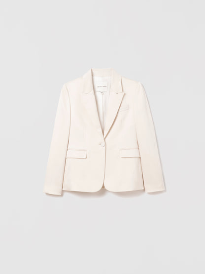 Flat lay of classic fit satin jacket in cream with peak lapel, flap and chest pockets, and back vent