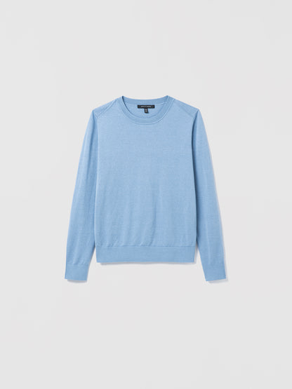 Flat‑lay of a smokey blue silk‑cotton crewneck sweater with long sleeves and refined ribbed trims.