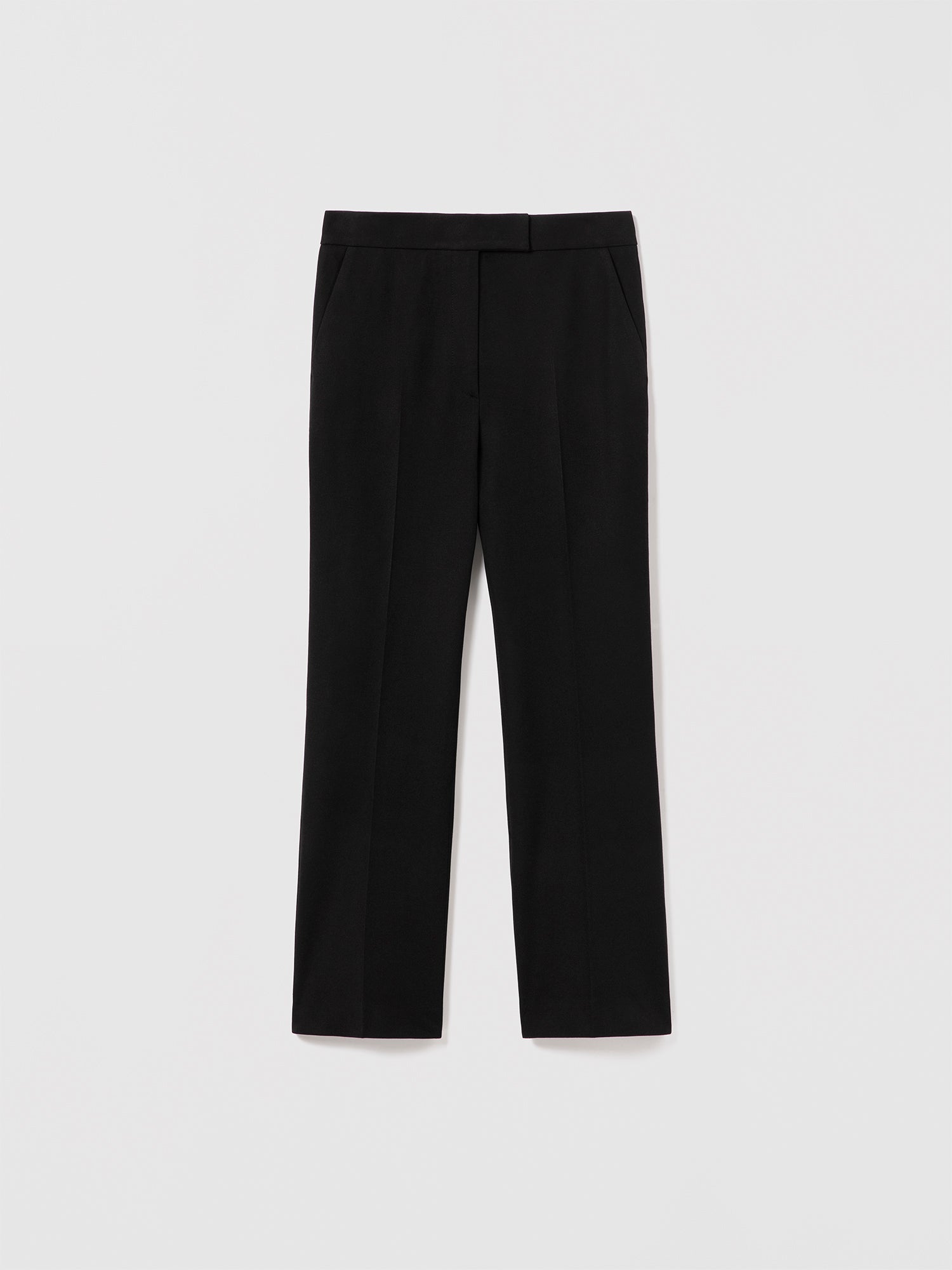 Judith & Charles Robin Pant in black — cropped kick-flare silhouette with front zip and hook-and-eye closure, scoop front pockets, back welt pockets, and belt loops. Unlined. Made in Portugal.