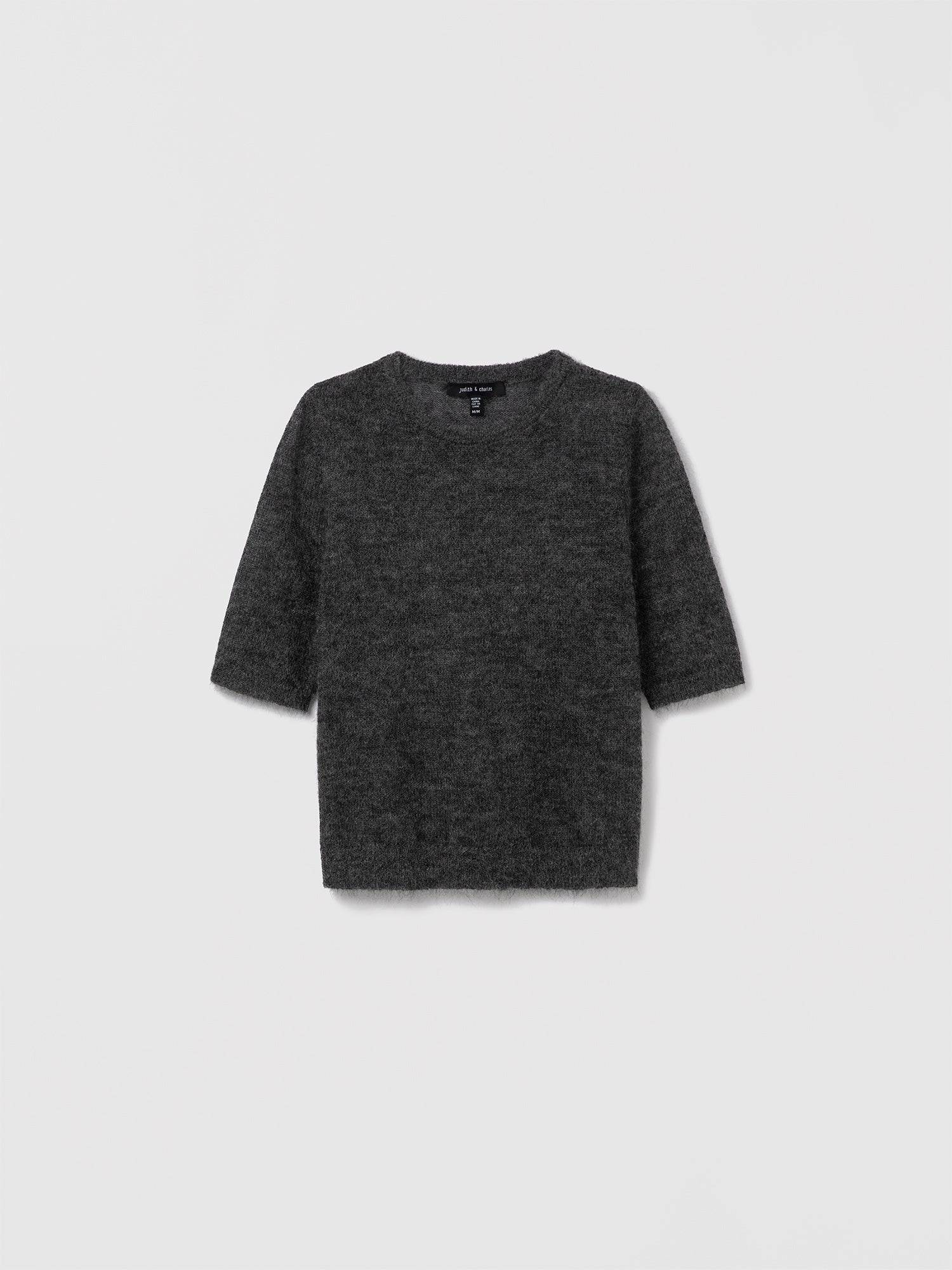 Grey cropped mohair pullover with crew neck by Judith & Charles.