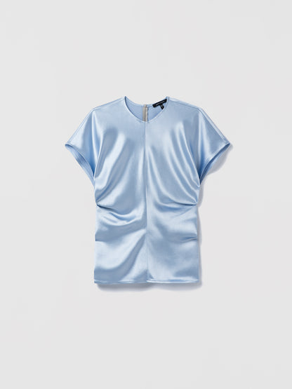 Flat of glacial blue crew neck cap sleeve blouse in textured satin