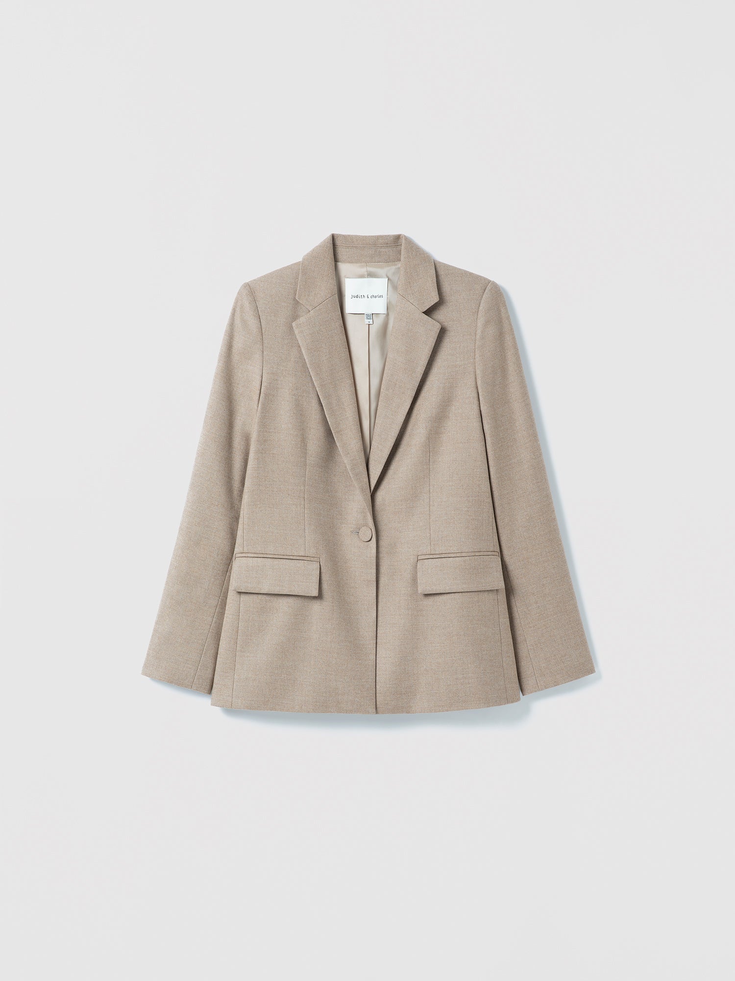 Tailored Senna jacket in Camel Melange wool-cashmere blend with notch lapel, flap pockets, single back vent, fully lined, 96% wool, 3% cashmere, 1% elastane, made in Canada, by Judith and Charles, style code 735-1004
