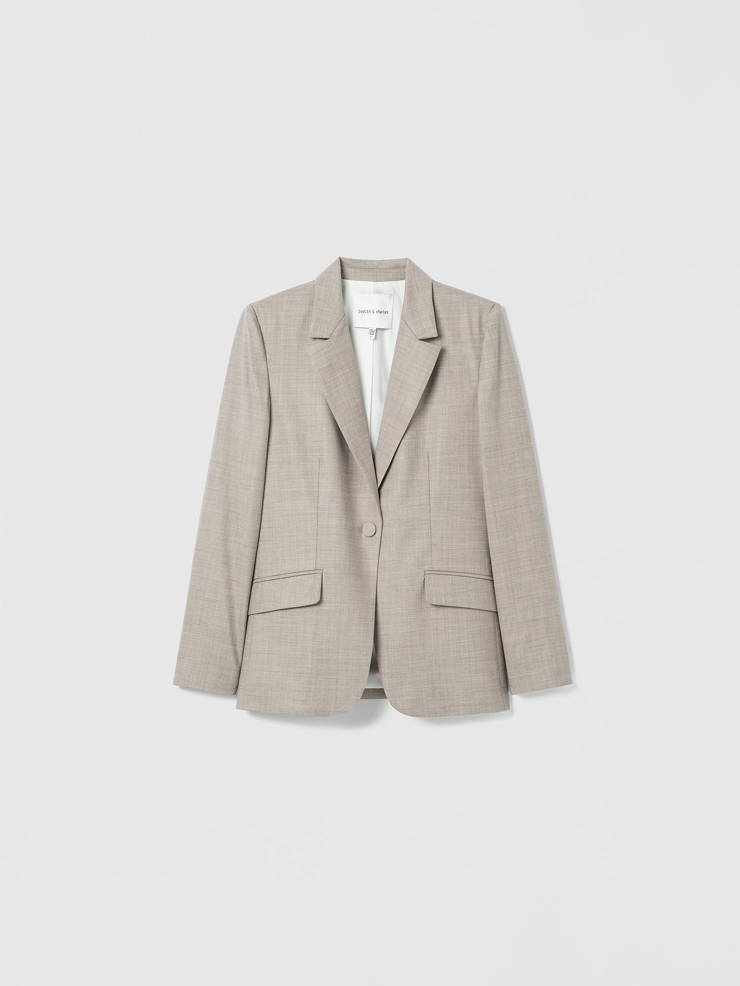 Taupe melange tailored blazer with notch lapels, a single-button closure, and front flap pockets displayed on a white background.
