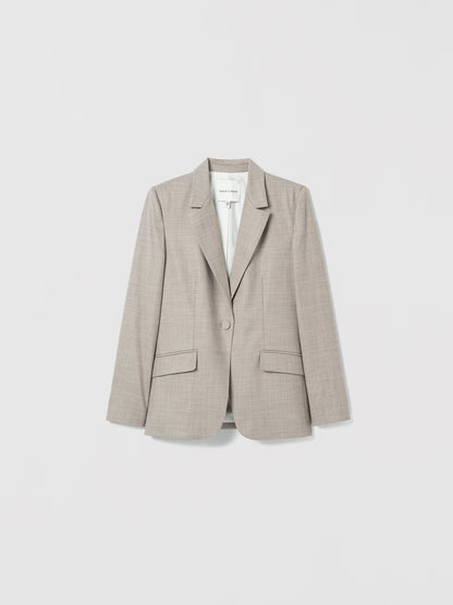 Taupe melange tailored blazer with notch lapels, a single-button closure, and front flap pockets displayed on a white background.