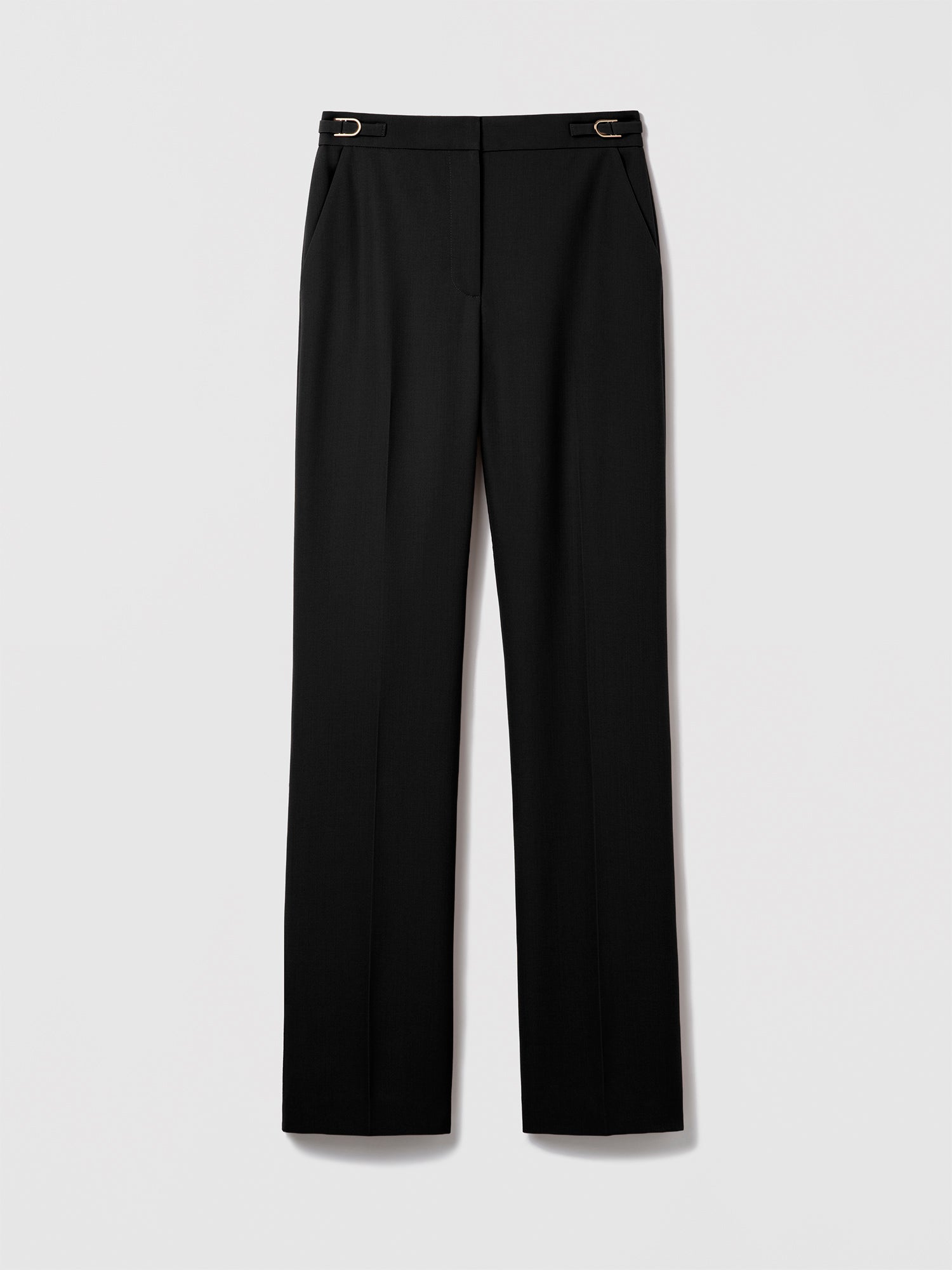 Black straight-leg virgin wool pant by Judith & Charles, unlined, with front and back pockets and adjustable buckle tabs at the waist.