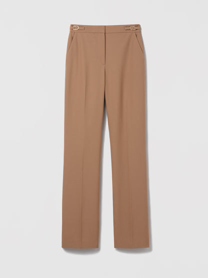 Camel straight-leg virgin wool pant by Judith & Charles, unlined, with front and back pockets and adjustable buckle tabs at the waist.