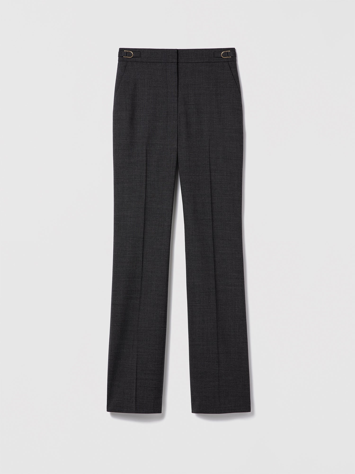 Grey wool-blend pants with adjustable waist tabs by Judith & Charles.