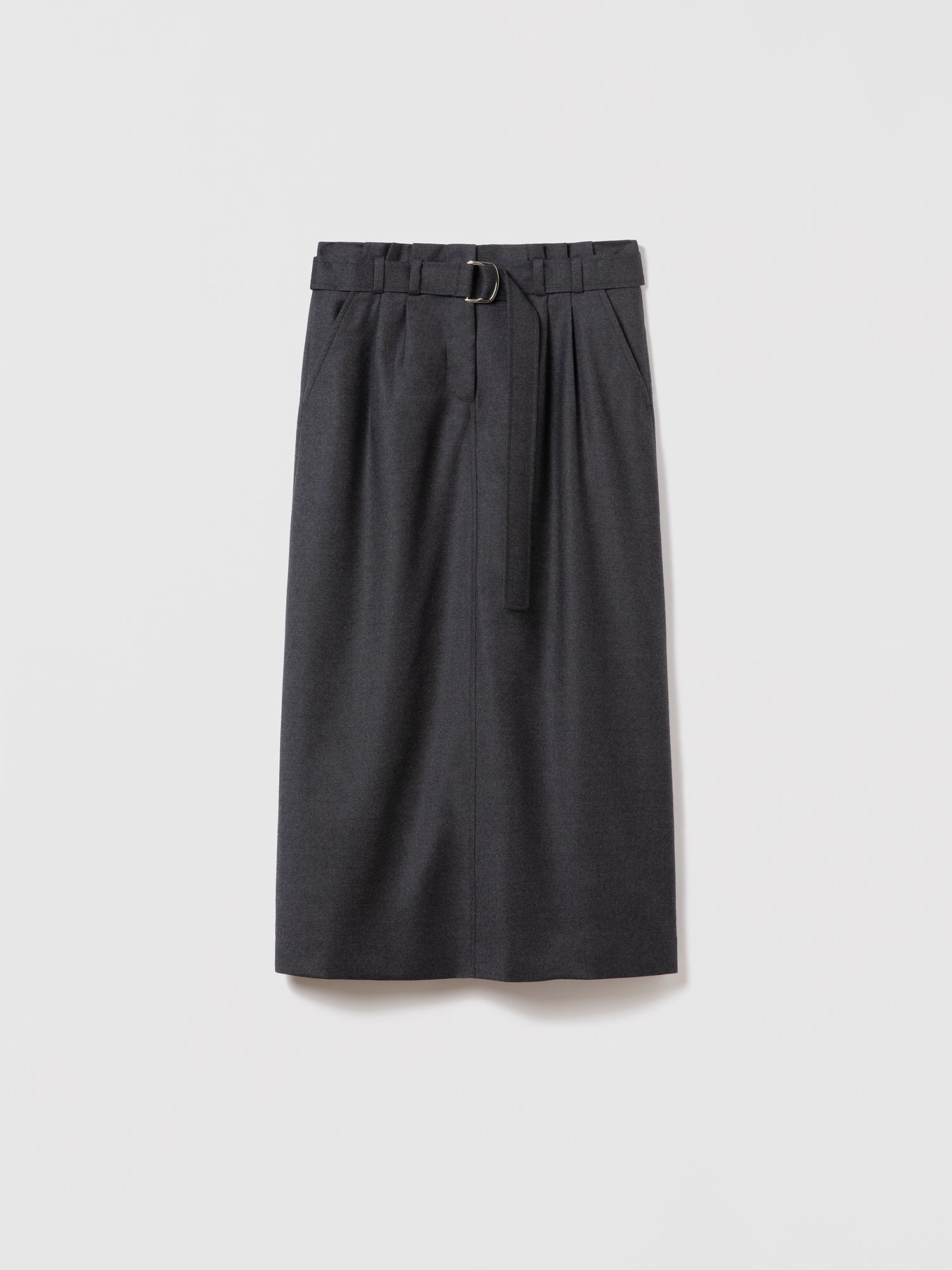 Judith and Charles long wool flannel skirt in dark grey melange with paperbag waist, self belt, slash pockets, and back vent.