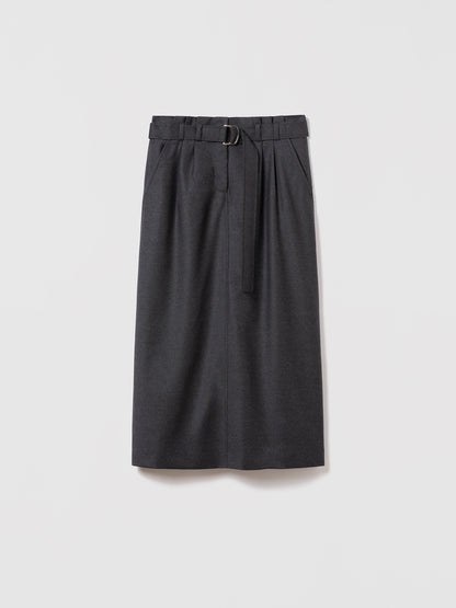 Judith and Charles long wool flannel skirt in dark grey melange with paperbag waist, self belt, slash pockets, and back vent.