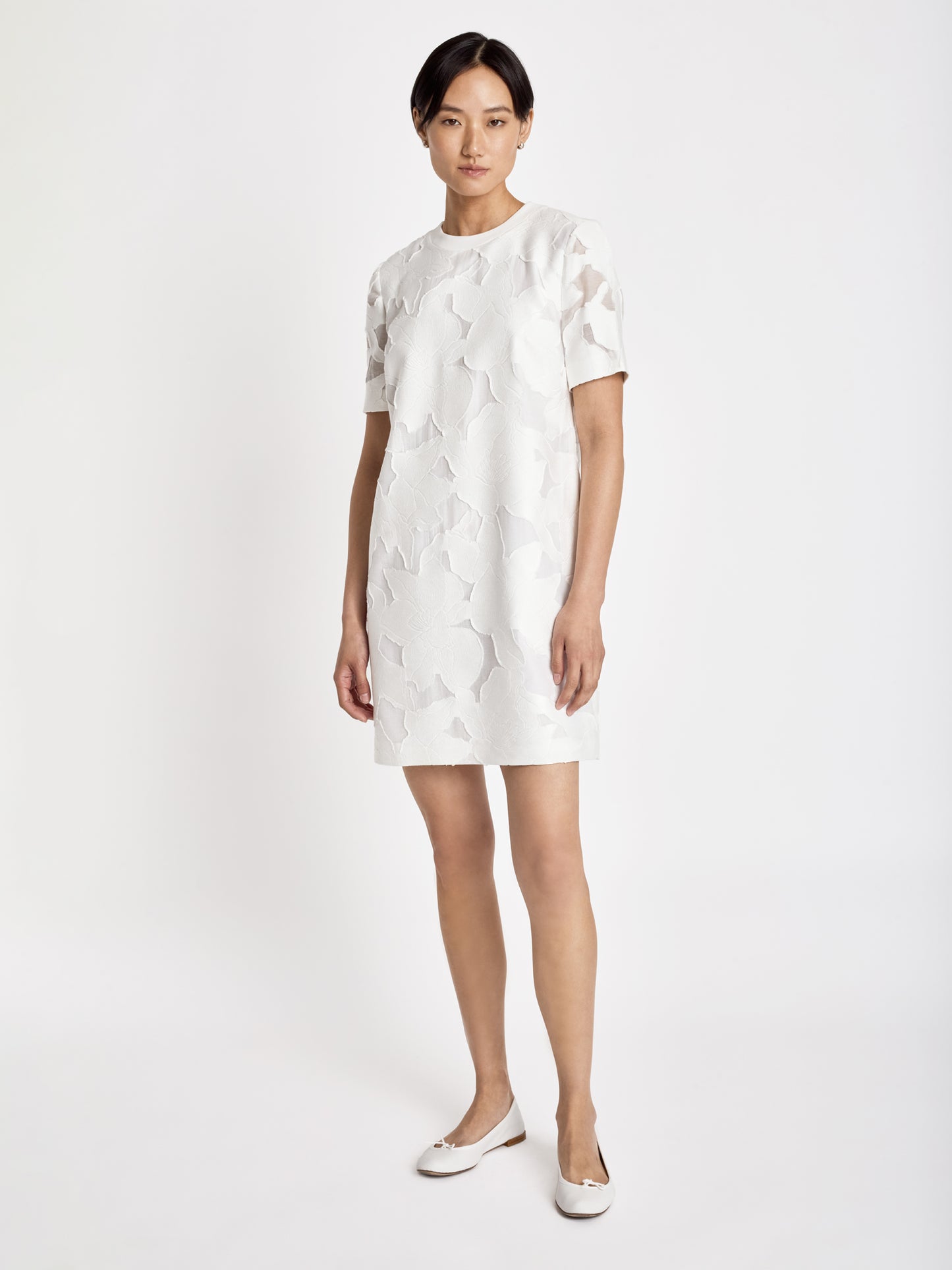 Judith and Charles Strass Dress – Short-sleeve mini T-shirt dress in Floral Devoré featuring a crew neck, combo neckline, invisible back zipper closure, and full cotton lining; made in Canada from premium Italian fabric, 34" back length (Style 715-5829).