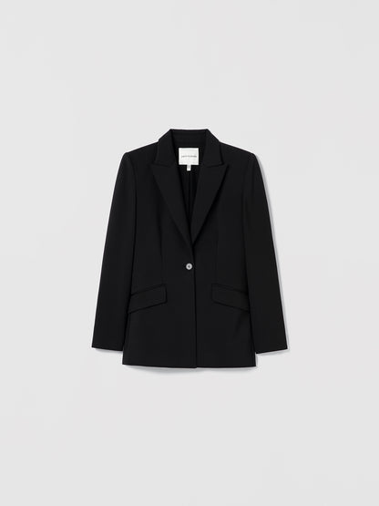 Black flat stretch polyamide jacket with full nylon-spandex lining, made in Canada from Italian fabric — Judith and Charles Taylor Jacket 752-1987