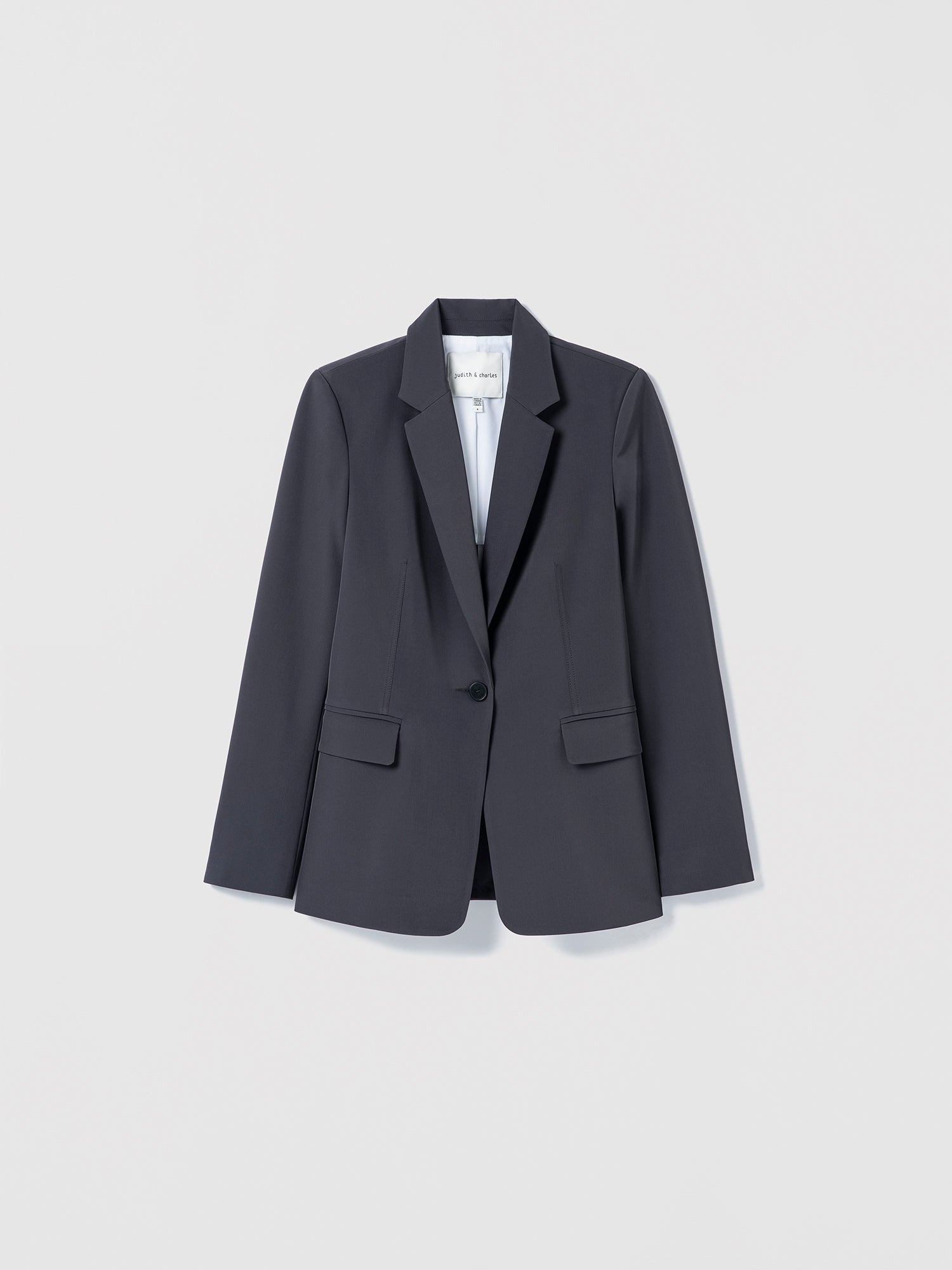 Tribeca Single Button Jacket in dark grey, tailored in easy-care techno fabric with notch lapel and flap pockets, made in Canada with Italian fabric