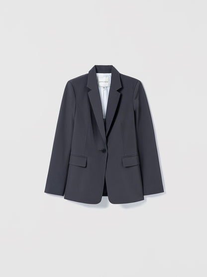 Tribeca Single Button Jacket in dark grey, tailored in easy-care techno fabric with notch lapel and flap pockets, made in Canada with Italian fabric