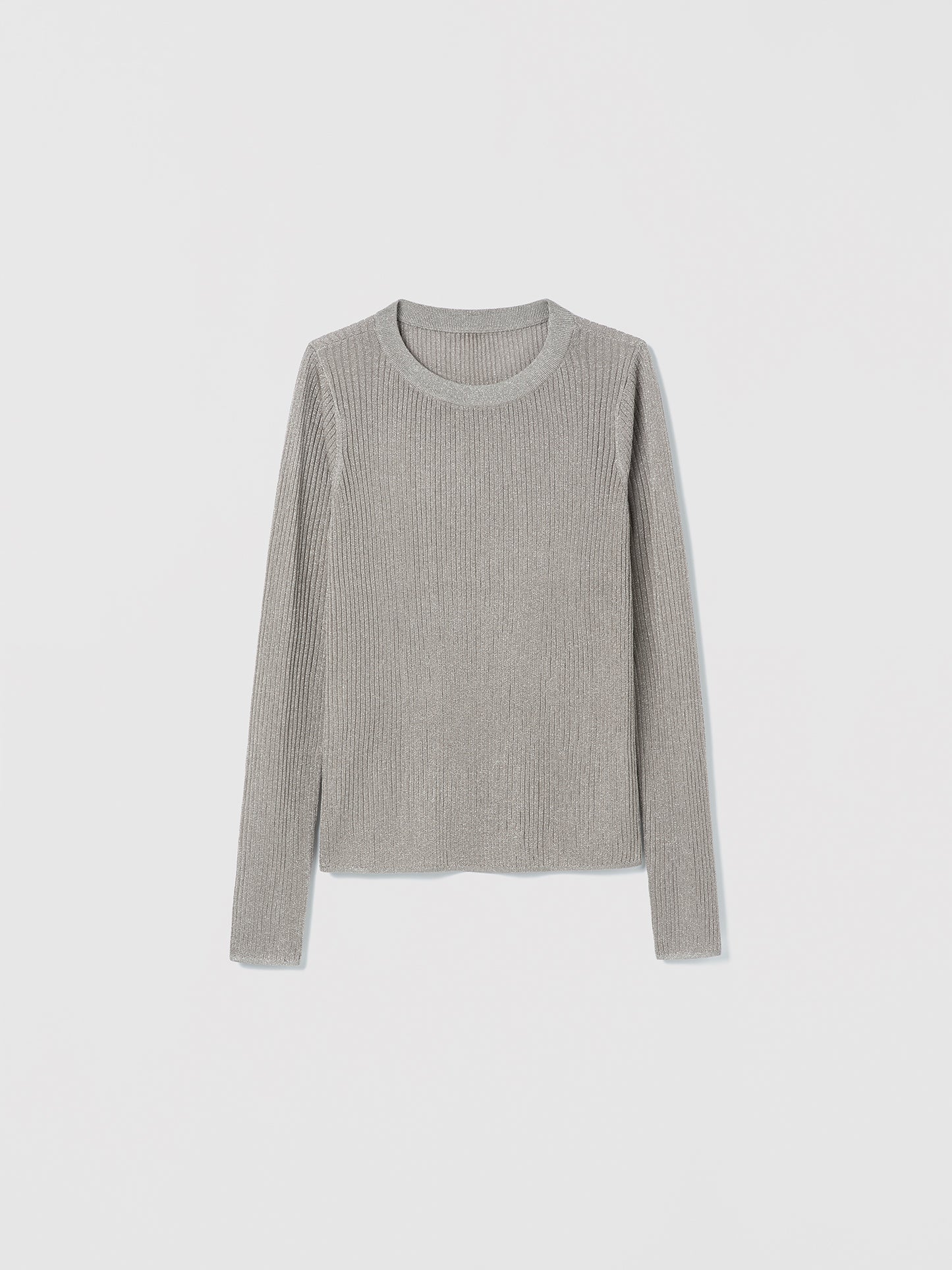 Taupe long-sleeve Tyra pullover by Judith and Charles with crew neck, fitted silhouette, made from Italian viscose-metallic fabric.