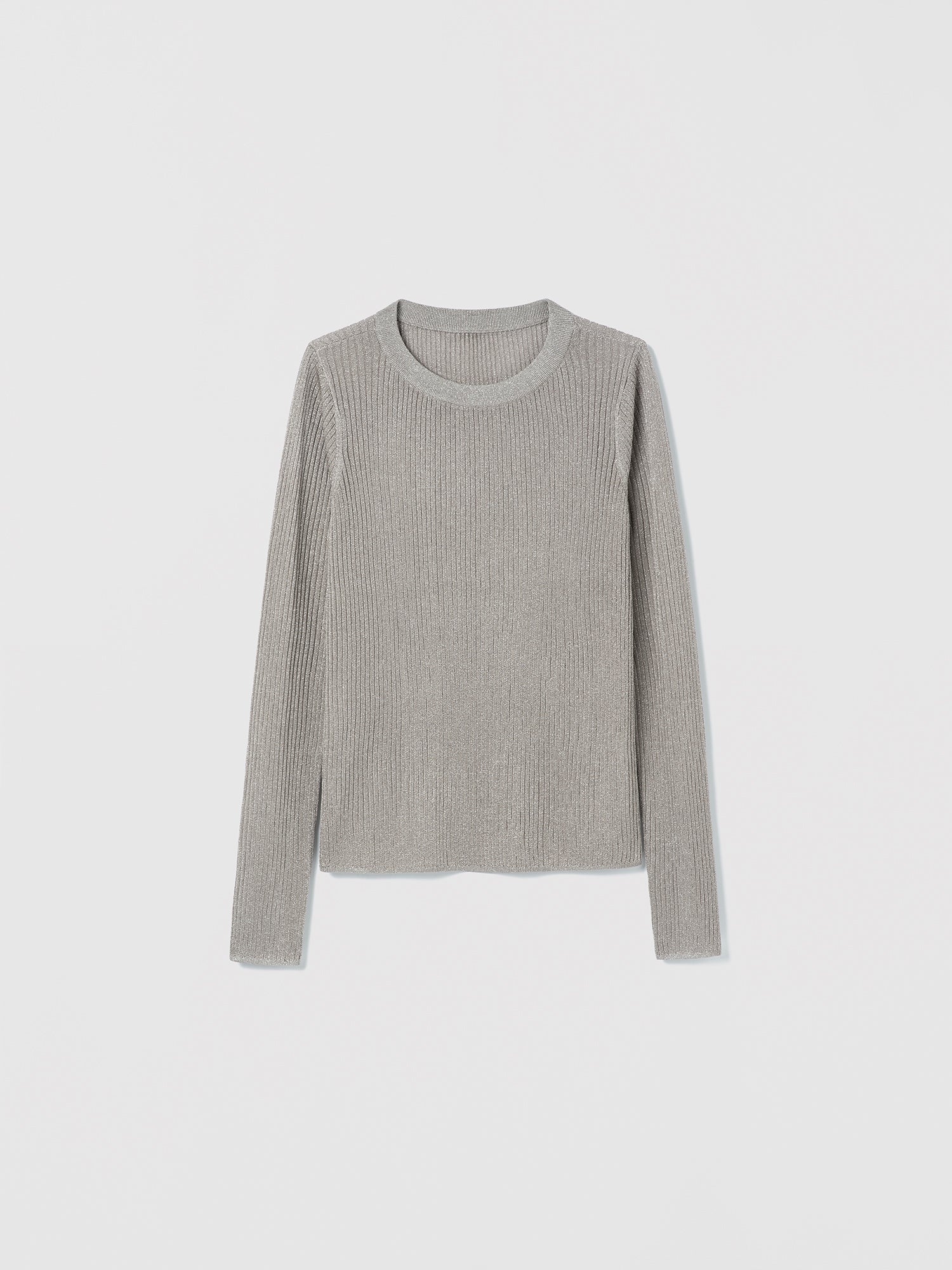 Taupe long-sleeve Tyra pullover by Judith and Charles with crew neck, fitted silhouette, made from Italian viscose-metallic fabric.