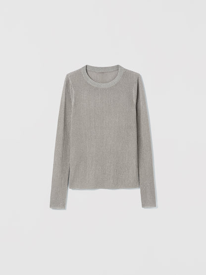 Taupe long-sleeve Tyra pullover by Judith and Charles with crew neck, fitted silhouette, made from Italian viscose-metallic fabric.