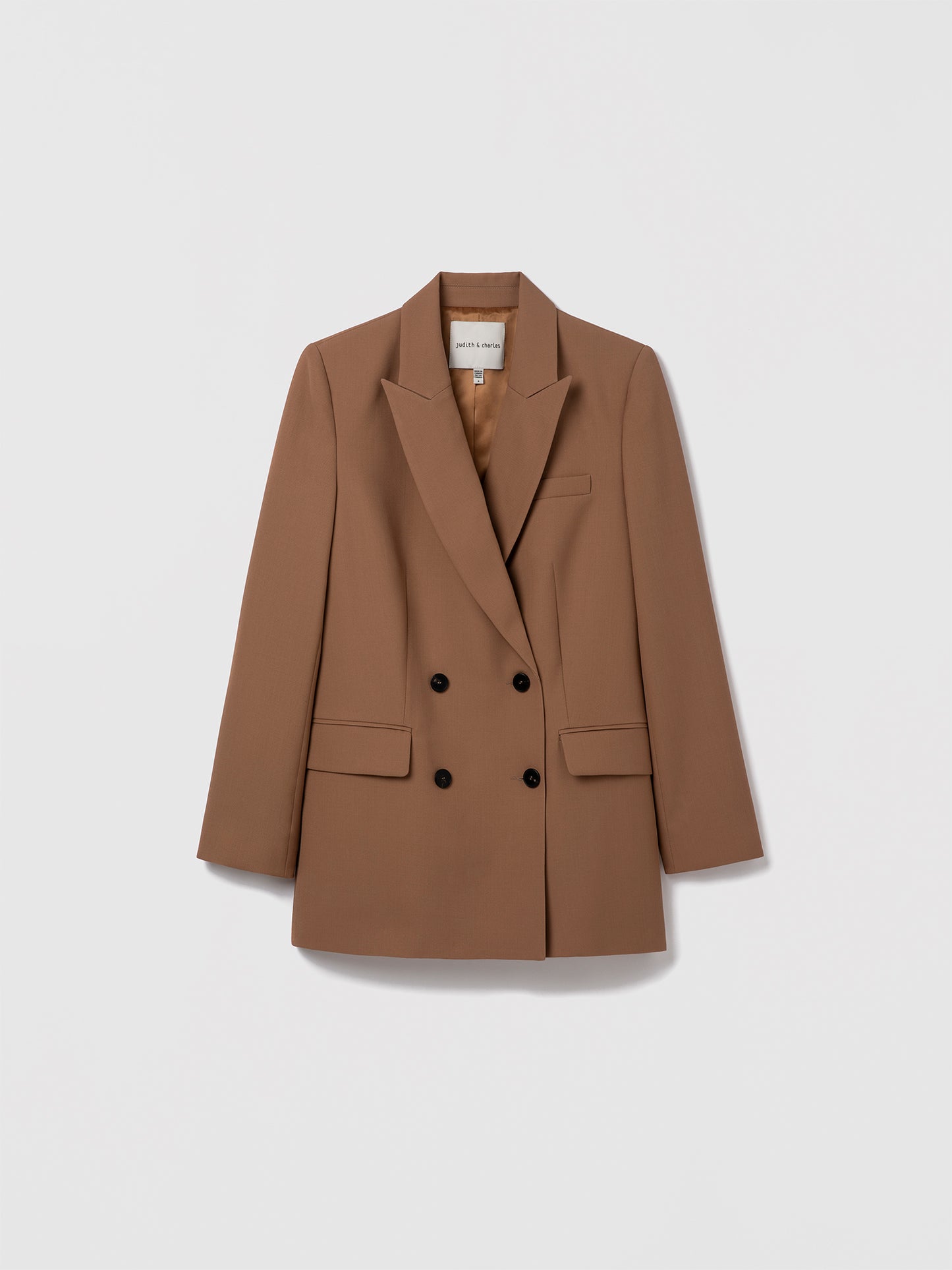 Camel Judith & Charles tailored wool jacket with peak lapel, flap and welt pockets, single back vent, fully lined.