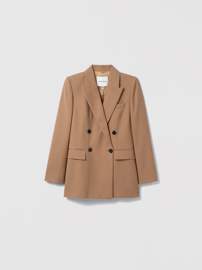 Camel Judith & Charles tailored wool jacket with peak lapel, flap and welt pockets, single back vent, fully lined.