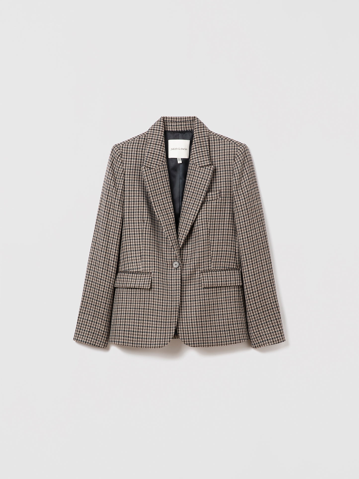 Flat lay of classic fit one-button jacket in grey taupe multi houndstooth wool-silk-linen blend with peak lapel and flap pockets