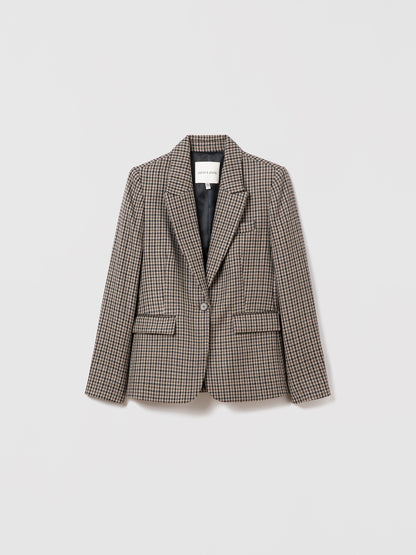 Flat lay of classic fit one-button jacket in grey taupe multi houndstooth wool-silk-linen blend with peak lapel and flap pockets