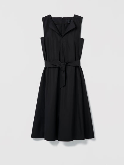Black sleeveless dress with a belt on a light gray background