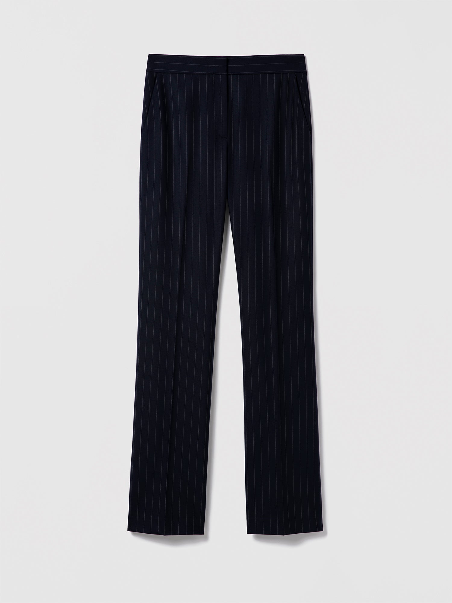 Judith & Charles navy pinstripe straight-leg wool pant, unlined and made in Canada.