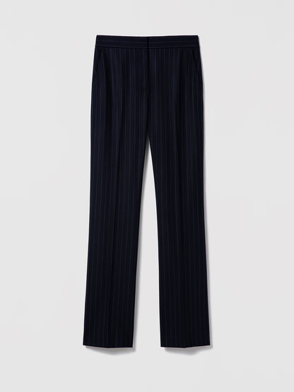 Judith & Charles navy pinstripe straight-leg wool pant, unlined and made in Canada.