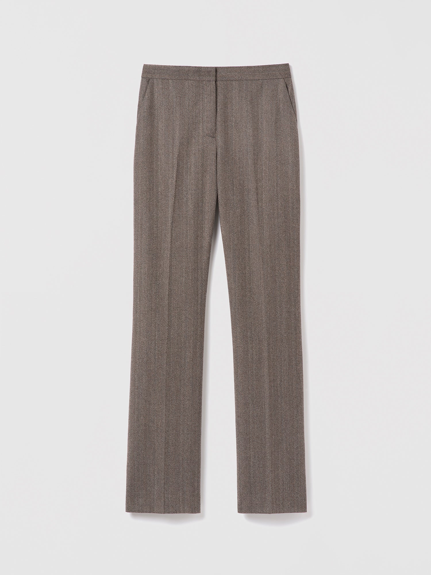 Judith and Charles slight fit-to-flare herringbone wool pants with slash and back welt pockets, belt loops, unlined, made in Canada, taupe